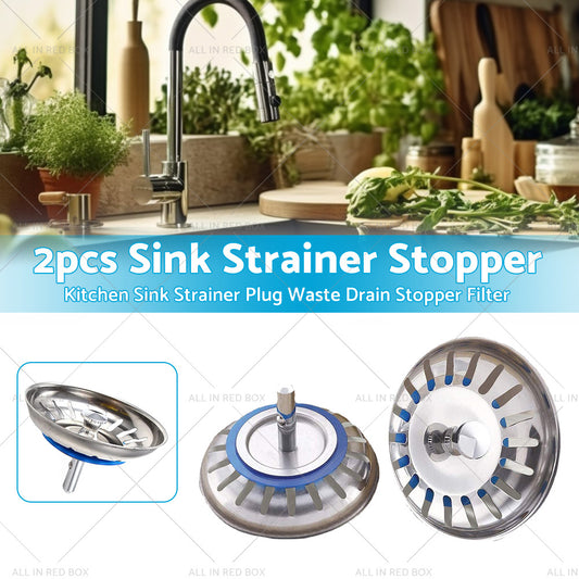 2PCS Kitchen Sink Strainer Plug Waste Drain Stopper Filter Stainless Steel
