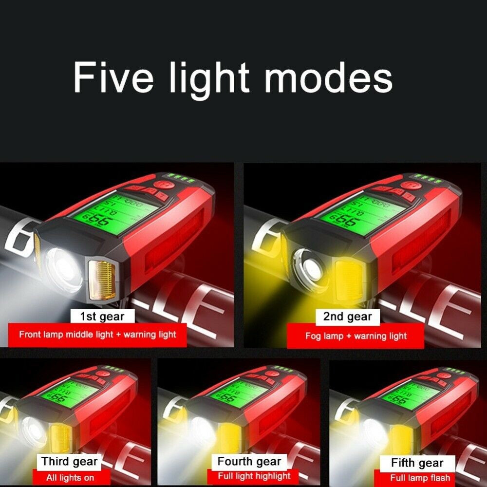 USB Rechargeable LED Bicycle Headlight With Horn and Speedometer Suitable For Bike Front