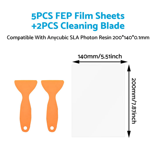 5x FEP Film Sheets With 2x Cleaning Blades Suitable For Anycubic Resin 3D Printer