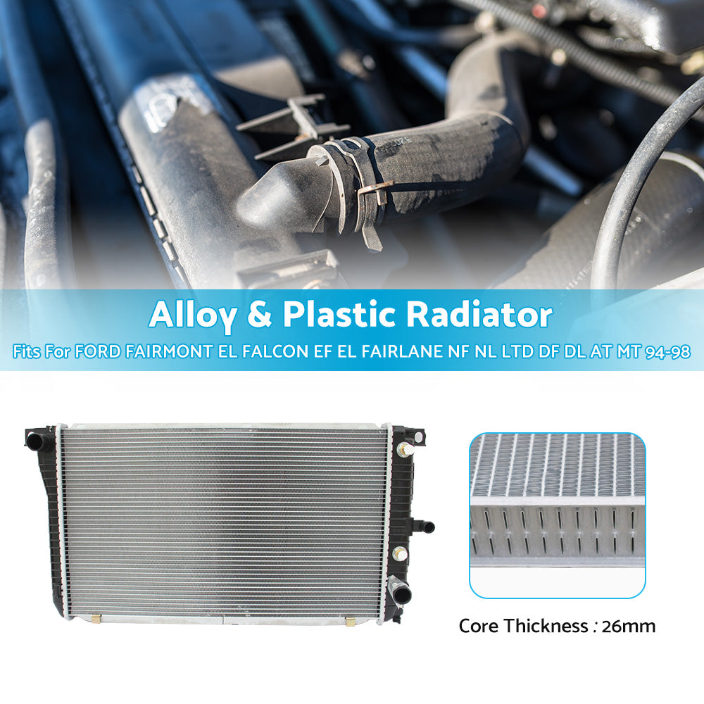 {{ RADIATOR FOR FORD FAIRMONT EL FALCON EF EL FAIRLANE NF NL LTD DF DL AT MT 94-98 }} - Buy Car Parts Online at {{ Kaka Auto Parts }}.