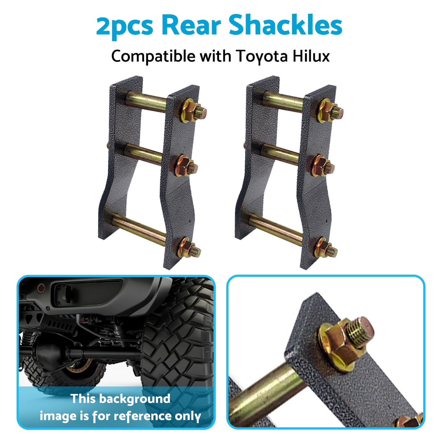 {{ 2x Rear Extended Greasable Shackles 2 inch 50mm Lift Suitable For Toyota Hilux KUN26 }} - Buy Car Parts Online at {{ Kaka Auto Parts }}.