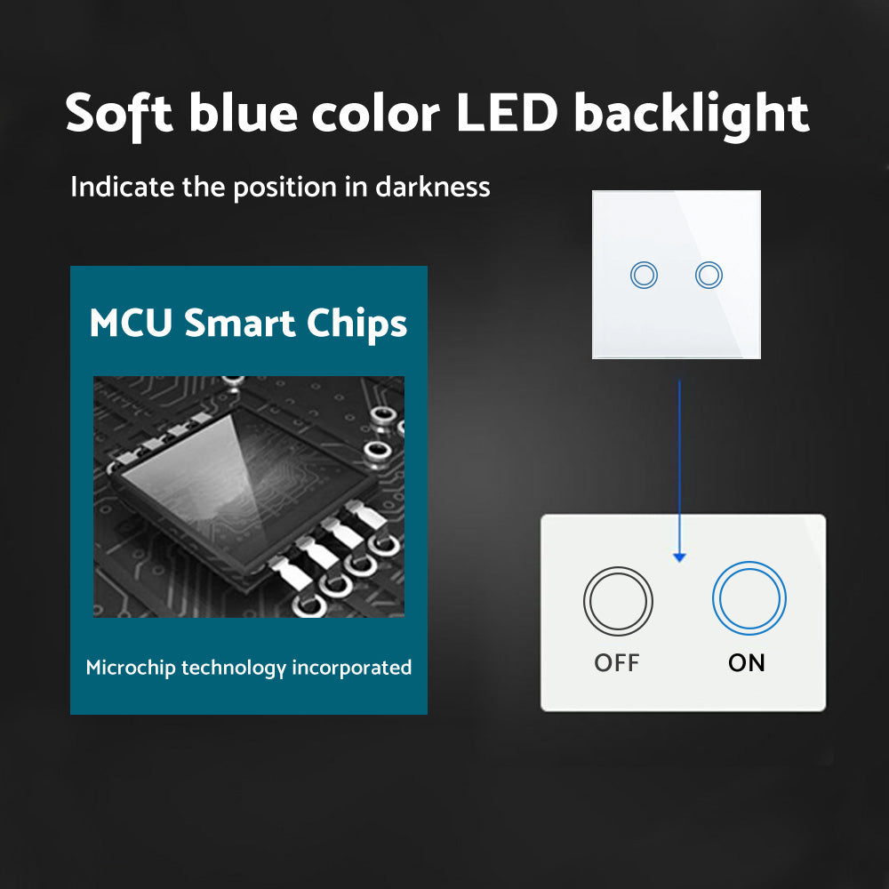 87x87mm LED Touch Wall Light Switch 2-Gang 1-Way Suitable For Home & Office Installation
