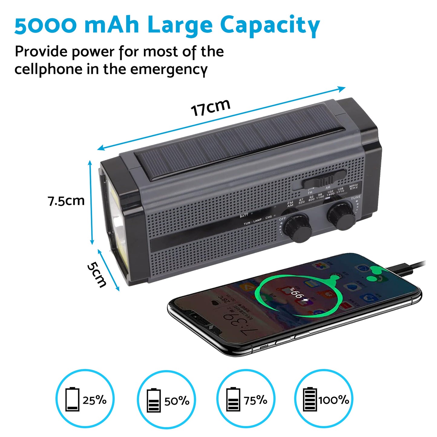 Solar Hand Crank Radio Emergency Weather 5000mAh Power Bank Flash Light Black