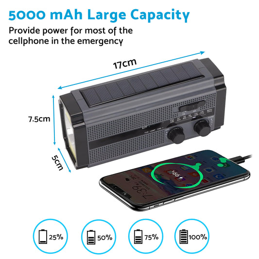 Solar Hand Crank Radio Emergency Weather 5000mAh Power Bank Flash Light Black