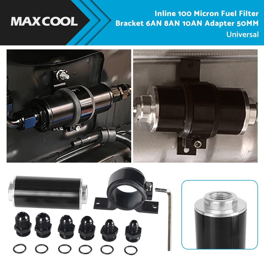{{ Inline 100 Micron Fuel Filter Bracket 6AN 8AN 10AN Adapter Universal 50MM }} - Buy Car Parts Online at {{ Kaka Auto Parts }}.