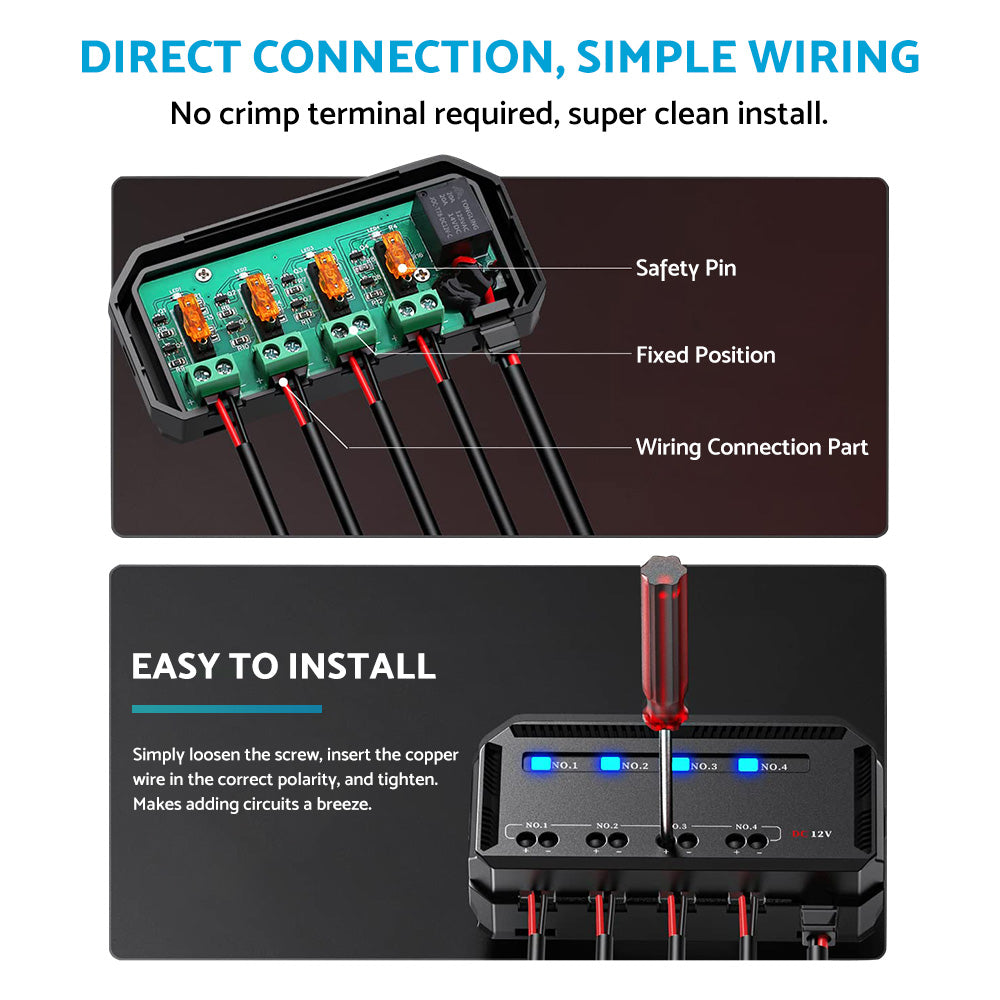 12V 20A Fuse Relay Box Kit With LED Indicator 4-Way Circuit 70cm Wiring Harness