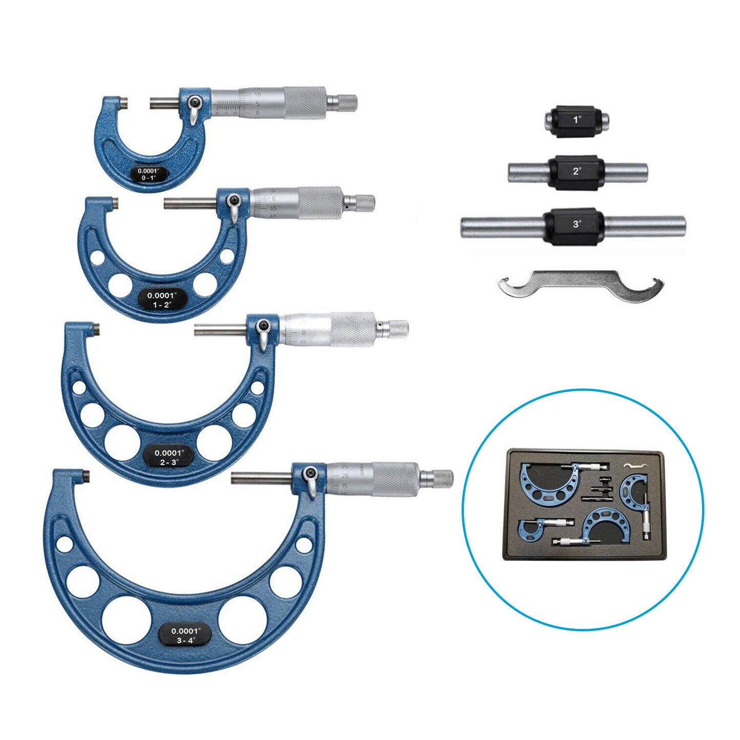 Outside Micrometer Set 0-4 inch With Calibration Standards and Wrench Accuracy Tool