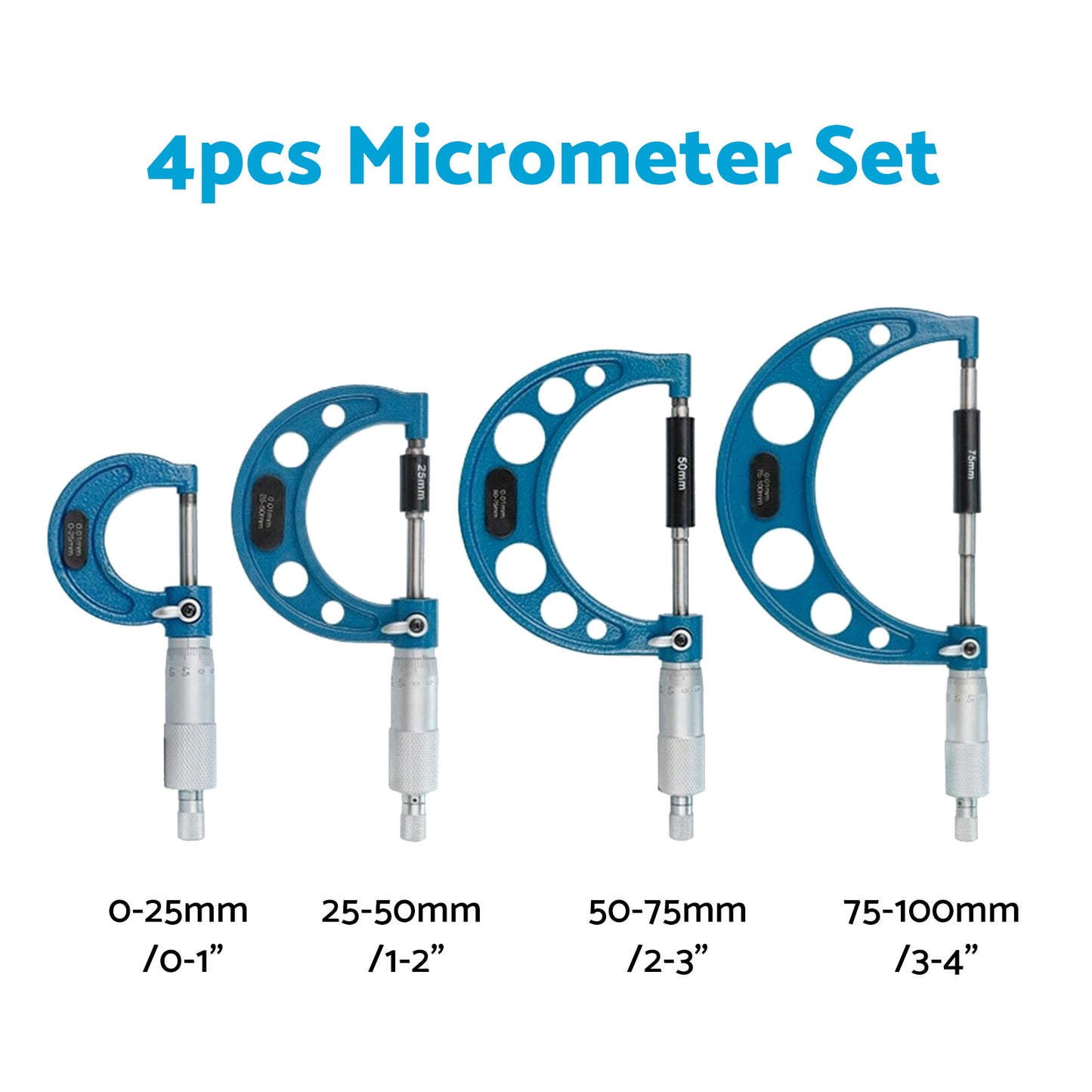 Outside Micrometer Set 0-4 inch With Calibration Standards and Wrench Accuracy Tool