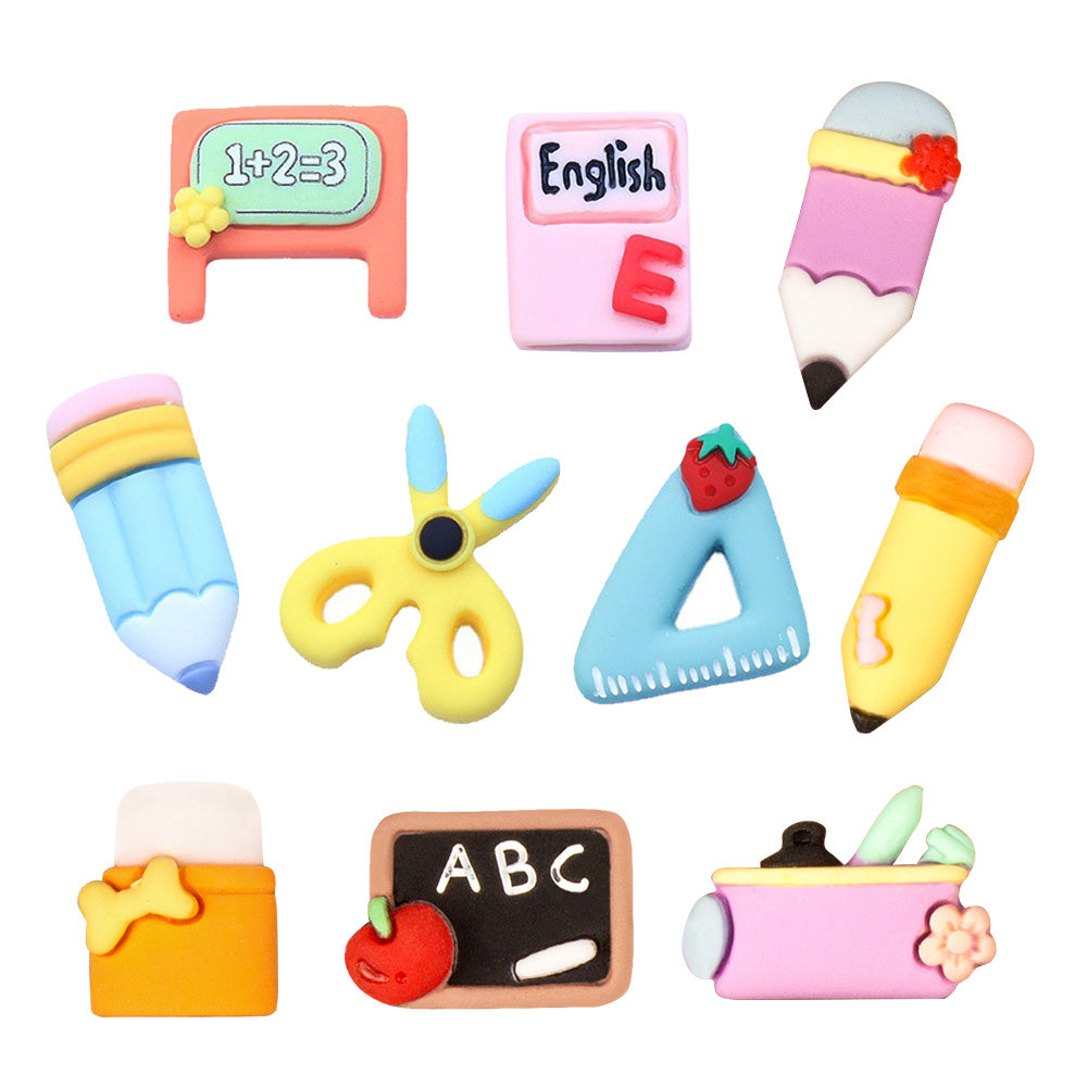50x 3D Resin Cabochons Suitable For DIY Craft – School-Themed Colorful Pencil, Ruler & Book Shapes