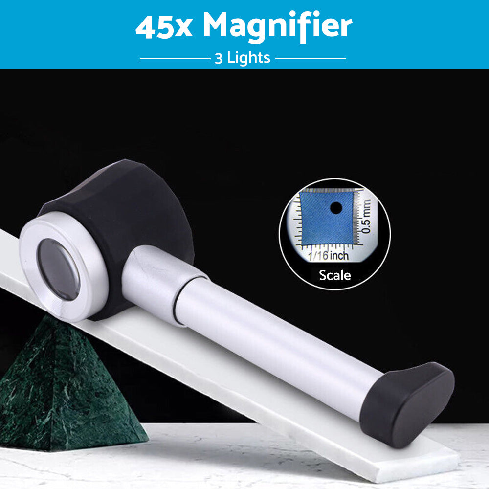 Hand Held 45x Magnifying Glass Jewellery Magnifier Loupe with Scale 3 Led Lights