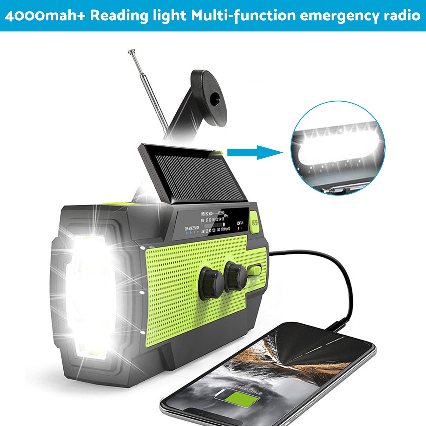 4000mAh Emergency Solar Hand Crank Weather Radio Power Bank Charger Flashlight