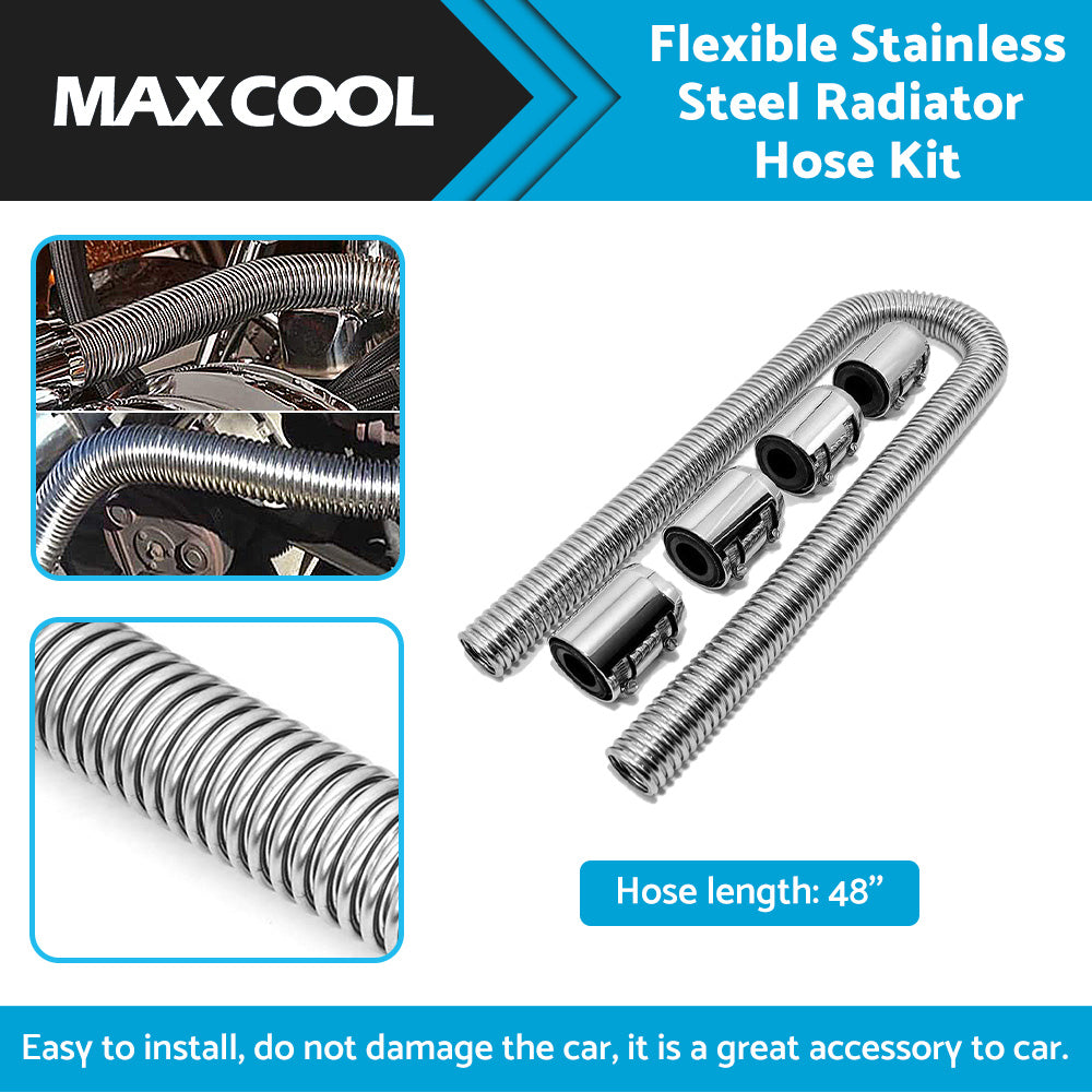 {{ 48inch Flexible Stainless Steel Radiator Hose Kit with Chrome Caps Car Polished }} - Buy Car Parts Online at {{ Kaka Auto Parts }}.