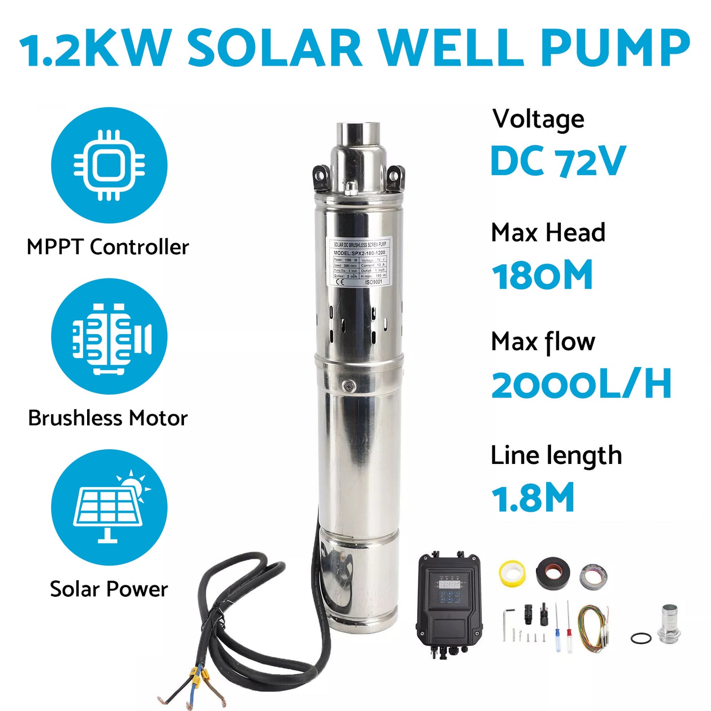 {{ Solar Bore Pump 72V 1.2KW MPPT Deep Well Submersible Screw Pump 180M AU 3in 72V 1.2KW }} - Buy Car Parts Online at {{ Kaka Auto Parts }}.