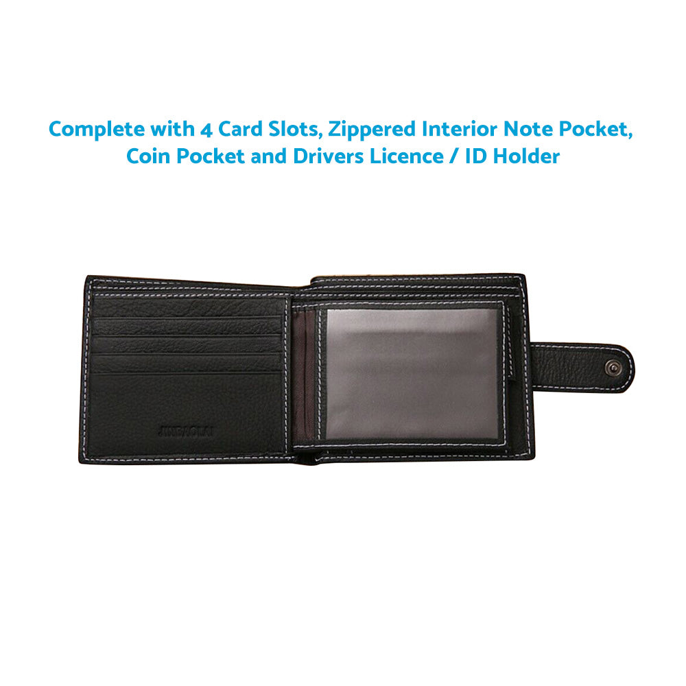 Men's Bi-Fold Wallet Black Top Layer Cowhide Leather With Card Slots & Coin Pocket