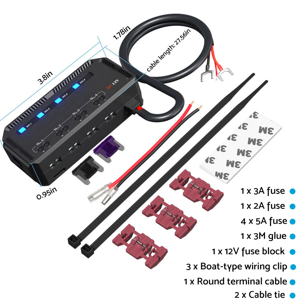 12V 20A Fuse Relay Box Kit With LED Indicator 4-Way Circuit 70cm Wiring Harness