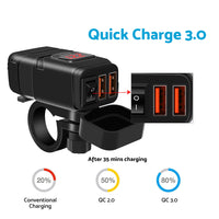 Dual USB Port Motorcycle Fast Charger Socket Suitable For Motorcycles – With LED Voltmeter Display & ON/OFF Switch