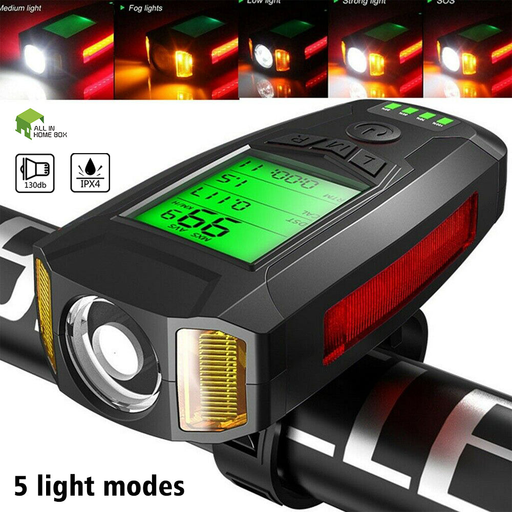 USB Rechargeable LED Bicycle Headlight With Horn and Speedometer Suitable For Bike Front