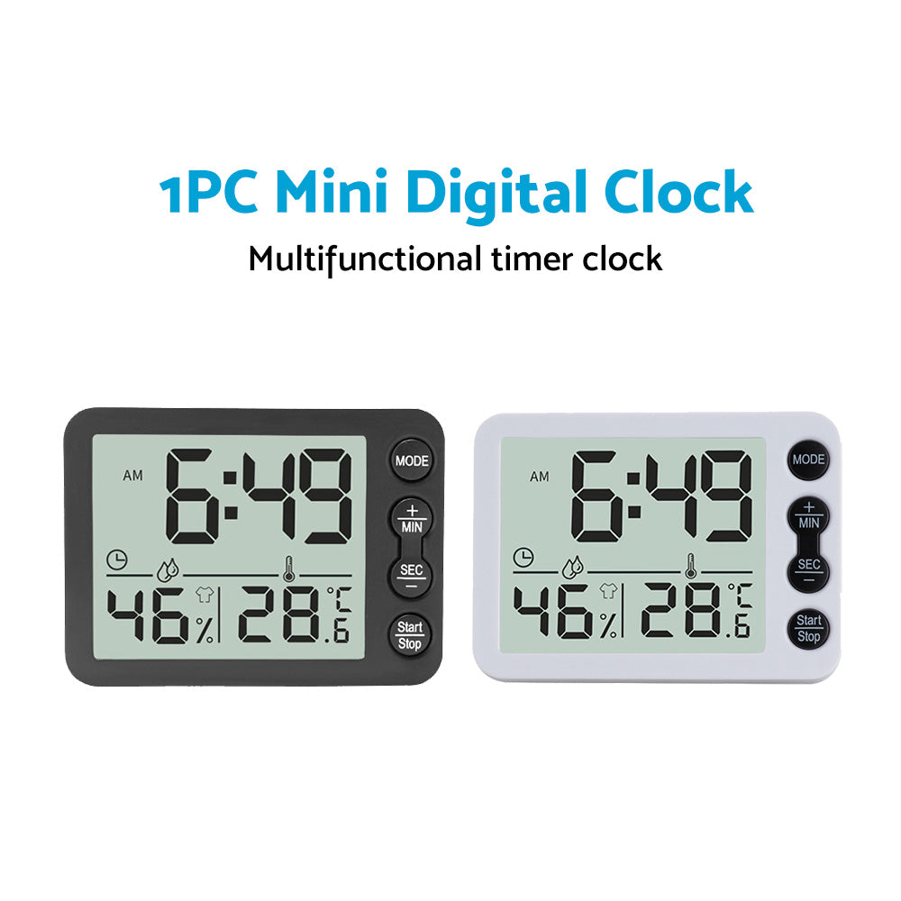 Small Mini Digital Clock with Temperature Display Suitable For Travel, LCD LED, Alarm, Battery Operated – Black & White