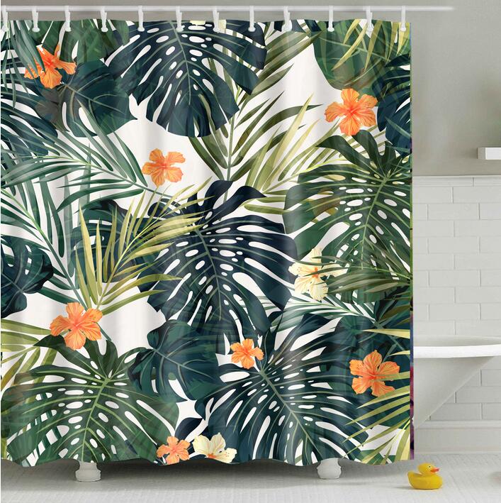 Bathroom Fabric Shower Curtain 12 Hook Set Water Resistant Tropical Plants Panel