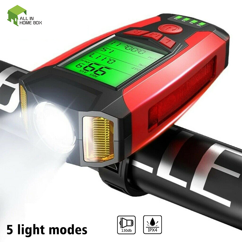 LED Bicycle Headlight with Horn and Speedometer USB-Rechargeable Front Bike Light Suitable For Bicycles