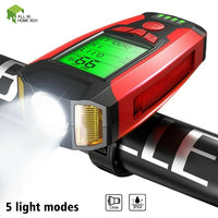 LED Bicycle Headlight with Horn and Speedometer USB-Rechargeable Front Bike Light Suitable For Bicycles