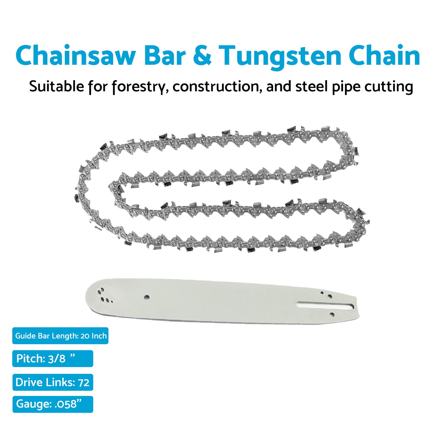 20'' 3/8 .058 72DL Chainsaw Bar & Tungsten Chain Suitable For Poulan/Poulan Pro