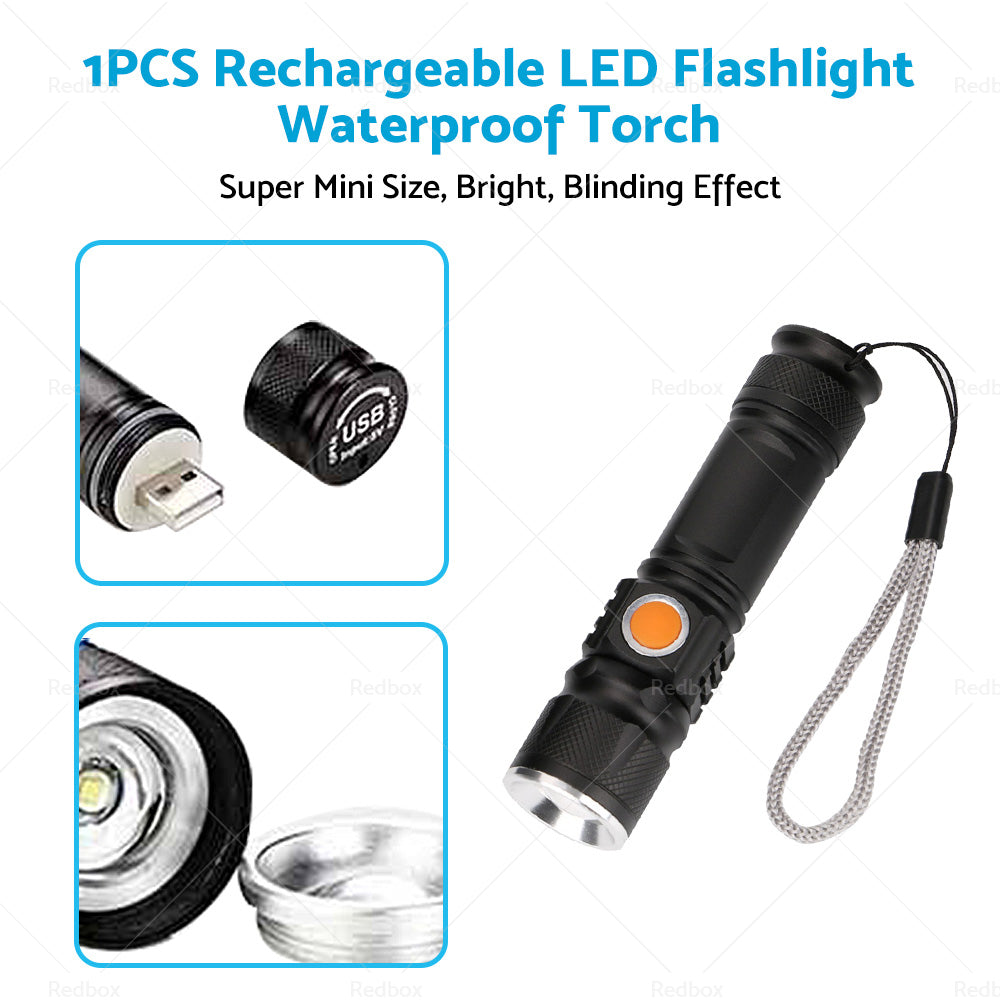 {{ 1pcs Black USB Rechargeable LED Flashlight Waterproof Torch Outdoor }} - Buy Car Parts Online at {{ Kaka Auto Parts }}.