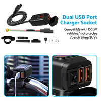 Dual USB Port Motorcycle Fast Charger Socket Suitable For Motorcycles – With LED Voltmeter Display & ON/OFF Switch