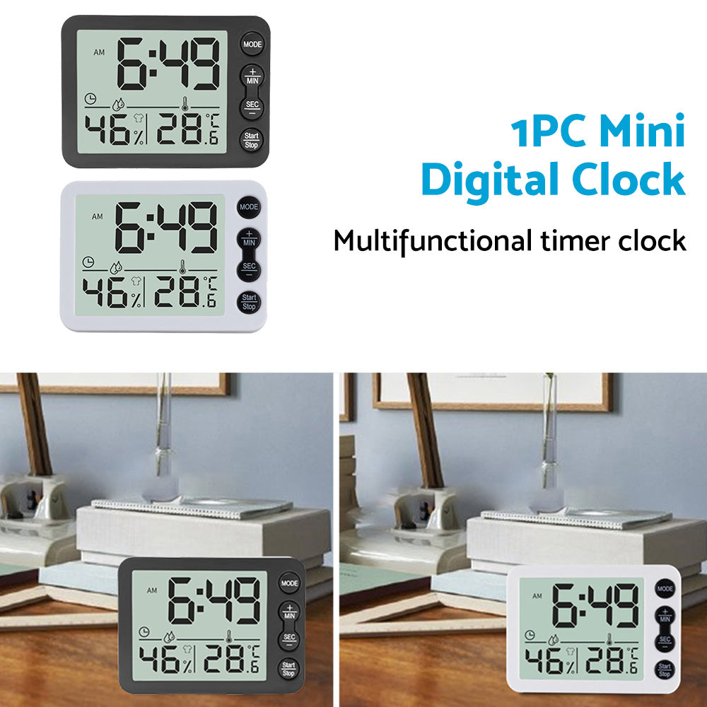 Small Mini Digital Clock with Temperature Display Suitable For Travel, LCD LED, Alarm, Battery Operated – Black & White