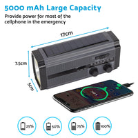 Solar Hand Crank Radio Emergency Weather 5000mAh Power Bank Flash Light Black