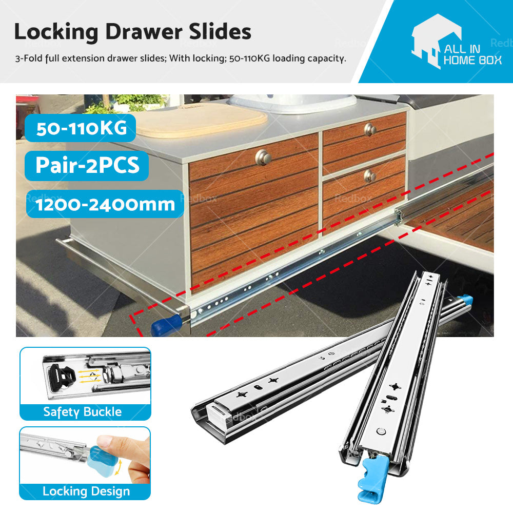 {{ PAIR 90KG Loading Capacity Locking Drawer Slide Runner Trailer 800mm or 1600mm }} - Buy Car Parts Online at {{ Kaka Auto Parts }}.