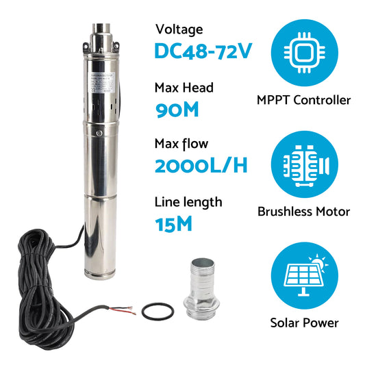 3in 48V 750W Deep Well Solar Submersible Bore Hole Water Pump With 15M Line