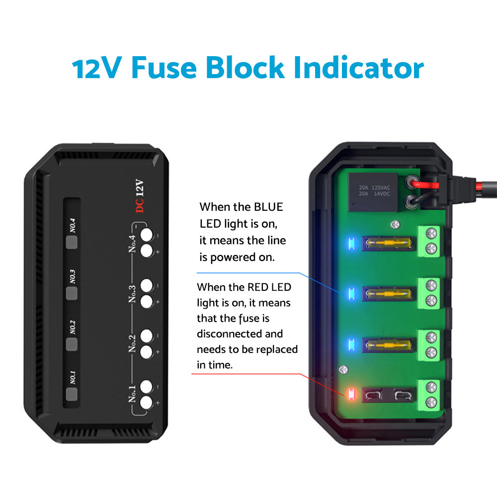 12V 20A Fuse Relay Box Kit With LED Indicator 4-Way Circuit 70cm Wiring Harness