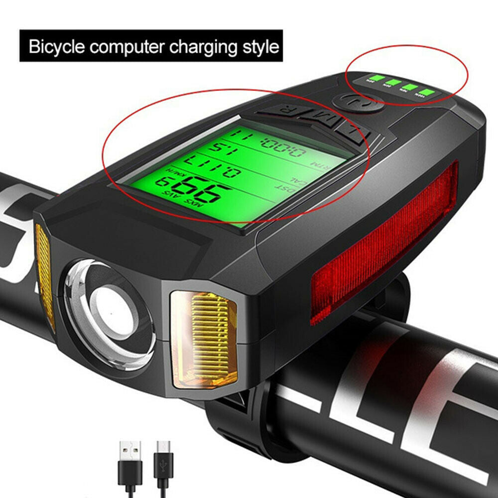 LED Bicycle Headlight with Horn and Speedometer USB-Rechargeable Front Bike Light Suitable For Bicycles