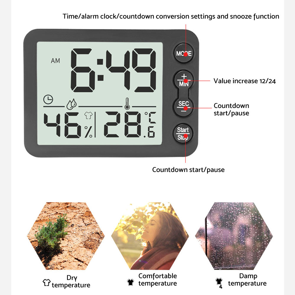 Small Mini Digital Clock with Temperature Display Suitable For Travel, LCD LED, Alarm, Battery Operated – Black & White