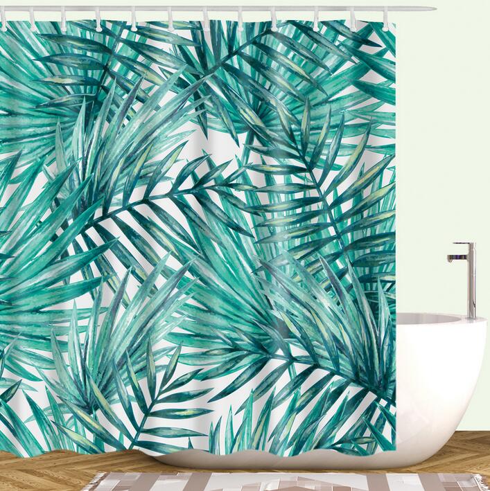 Bathroom Fabric Shower Curtain 12 Hook Set Water Resistant Tropical Plants Panel