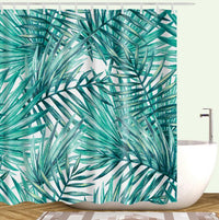 Bathroom Fabric Shower Curtain 12 Hook Set Water Resistant Tropical Plants Panel