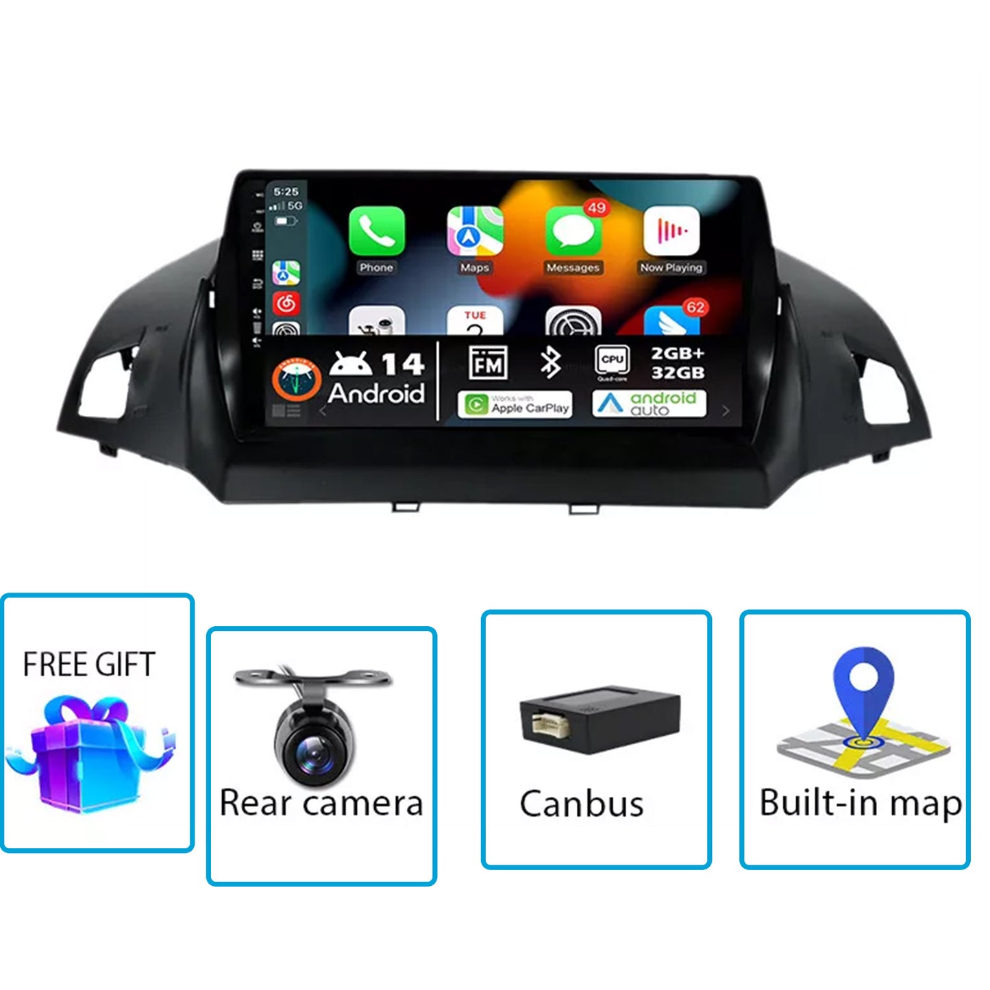 9'' CarPlay Stereo Head Unit Suitable For Ford Kuga Escape 2013-2017 Android 14