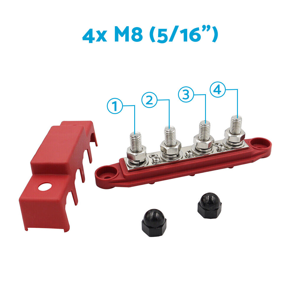 2x M8 4-Post 250A DC 48V Studs Bus Bar Power Distribution Box Terminal Block Suitable For Heavy Duty Applications