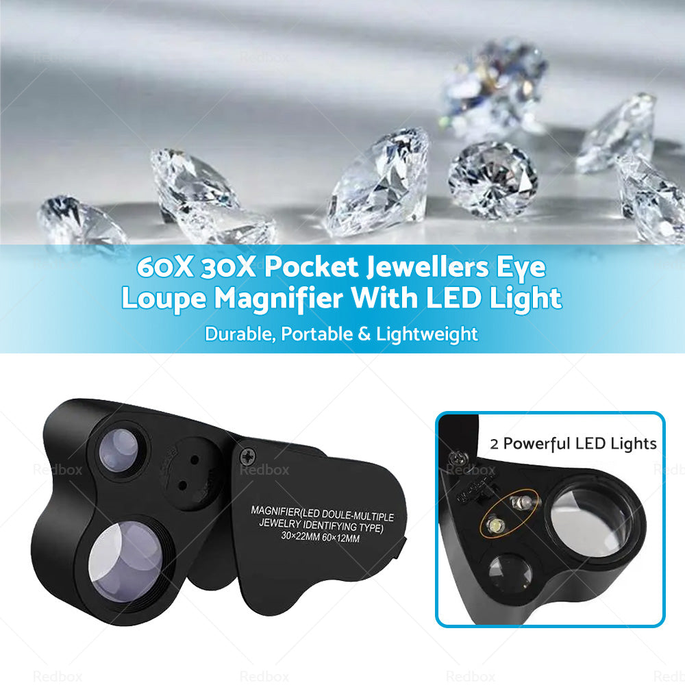 {{ 60X 30X Pocket Jewellers Eye Loupe Magnifier Jewelry Magnifying Glass LED Light }} - Buy Car Parts Online at {{ Kaka Auto Parts }}.