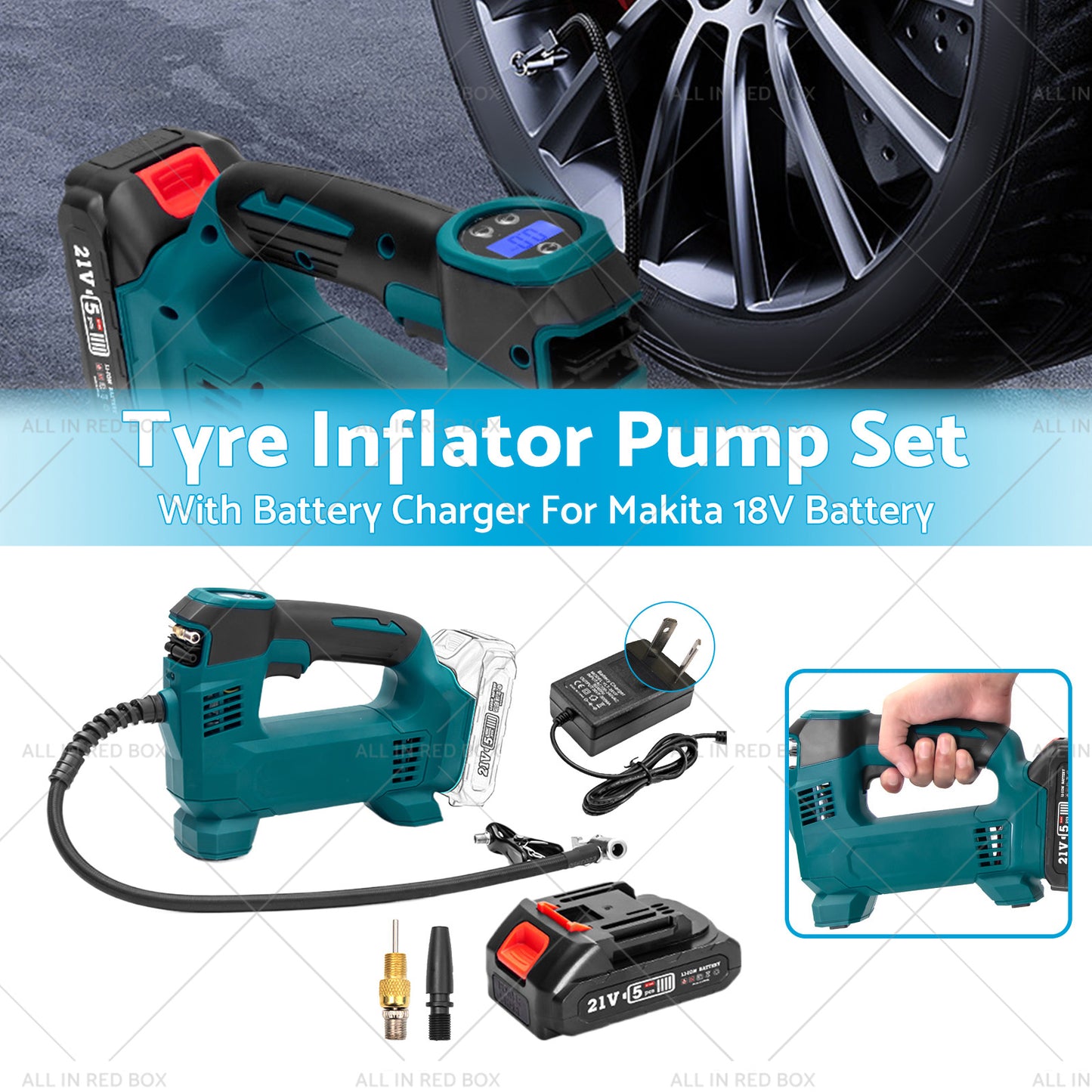 {{ Cordless Portable Tyre Inflator Pump w  Battery Charger For Makita 18V Battery }} - Buy Car Parts Online at {{ Kaka Auto Parts }}.