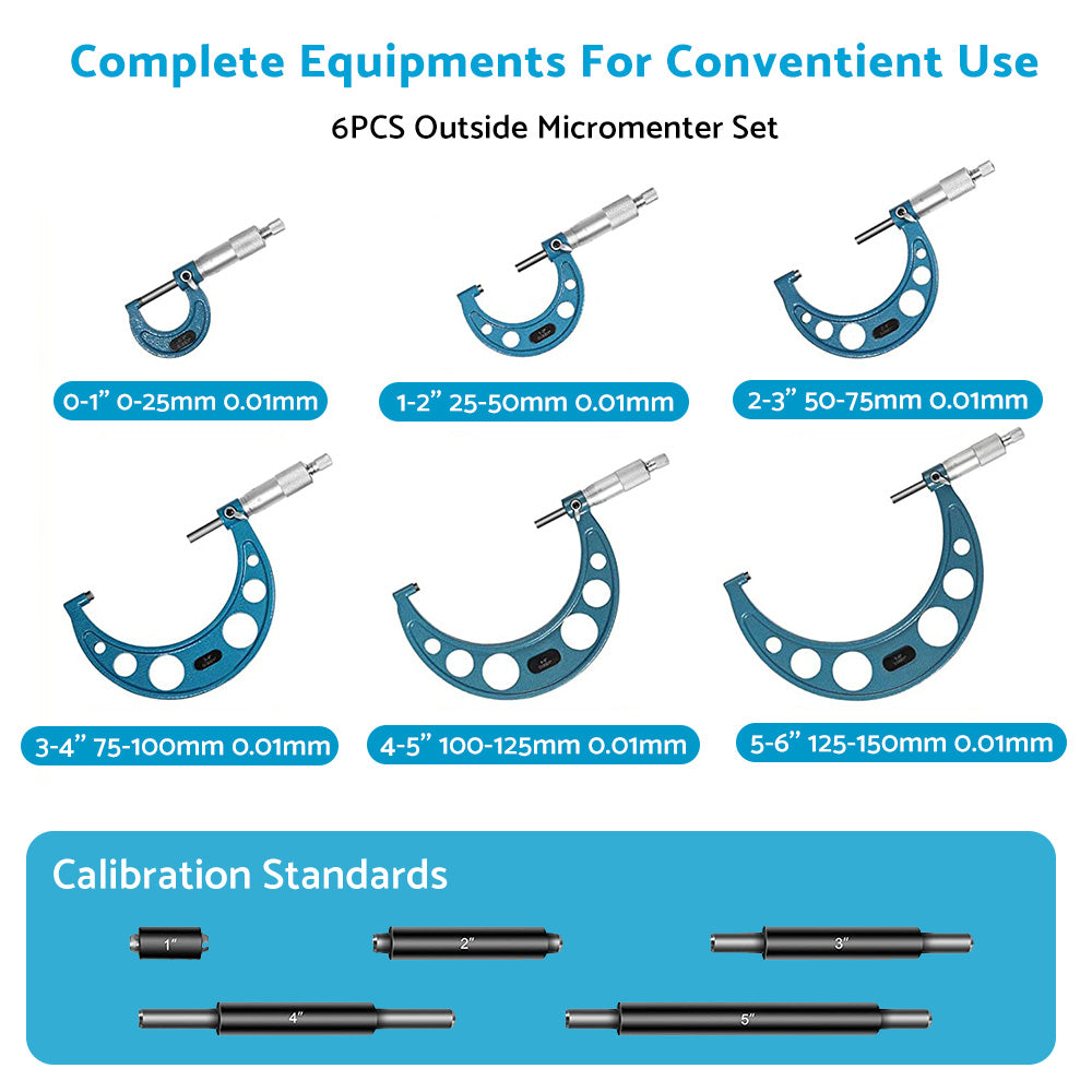 6x Precision Outside Micrometers 0-150mm Suitable For Machinist – Carbide 0.01mm