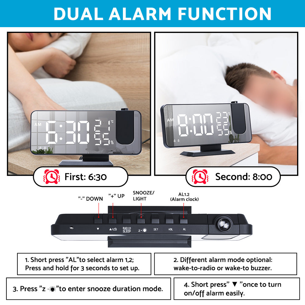 Projection on Ceiling Digital Dual Alarm Clock Bedroom Radio LED Big Screen