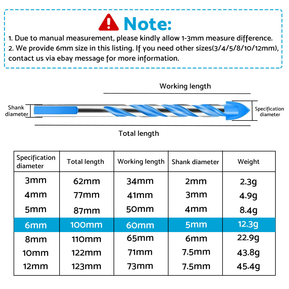 10x 6mm Tungsten Carbide Drill Bit Set Suitable For Porcelain Tile, Concrete, Brick & Glass