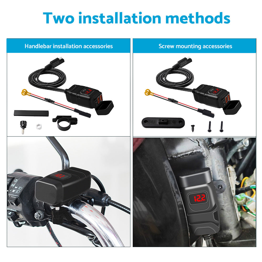 Dual USB Port Motorcycle Fast Charger Socket Suitable For Motorcycles – With LED Voltmeter Display & ON/OFF Switch