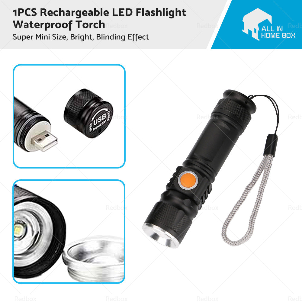 {{ 1pcs Black USB Rechargeable LED Flashlight Waterproof Torch Outdoor }} - Buy Car Parts Online at {{ Kaka Auto Parts }}.