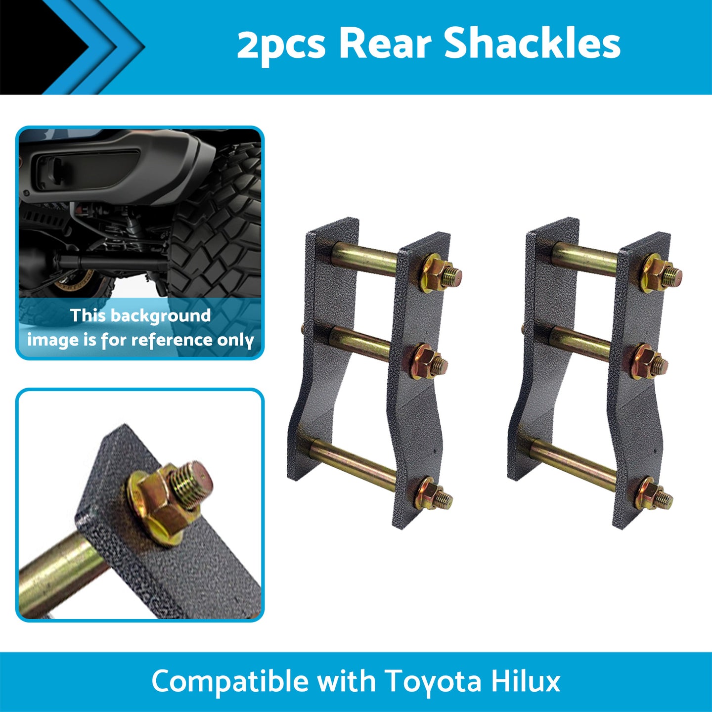 {{ 2x Rear Extended Greasable Shackles 2 inch  50mm Lift Suitable For Toyota Hilux KUN26 }} - Buy Car Parts Online at {{ Kaka Auto Parts }}.