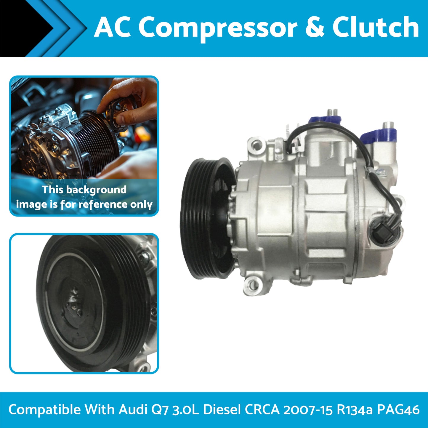 {{ AC Compressor & Clutch Suitable for Audi Q7 3.0L Diesel CRCA 2007-15 R134a PAG46 }} - Buy Car Parts Online at {{ Kaka Auto Parts }}.