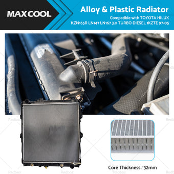 compare product RADIATOR SUITABLE FOR TOYOTA HILUX KZN165R LN147 LN167 3. 0 TD 1KZTE 97-05 32MM
