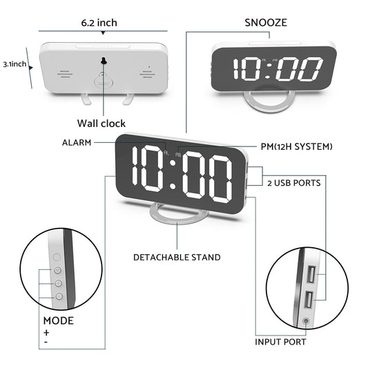 Digital Alarm Clock Mirror LED Display Snooze Function Dim Mode Wall Bedroom
